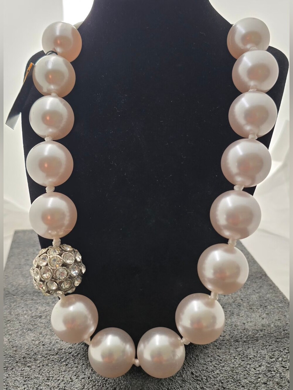 White Pearl Necklace with Crystal Accent Bead and Satin Tie